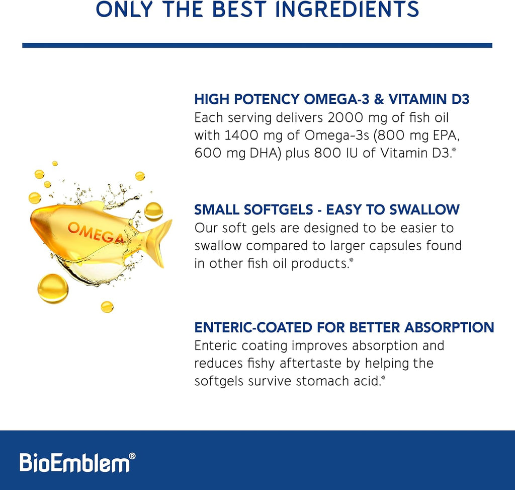 BioEmblem Omega-3 Fish Oil 2000mg - Small Size Softgels, High Absorption Form, Sustainable - 1400mg EPA &DHA Plus Vitamin D3, Non-GMO, Heart, Joint, & Brain Health Fish Oil Supplement, 120 Ct
