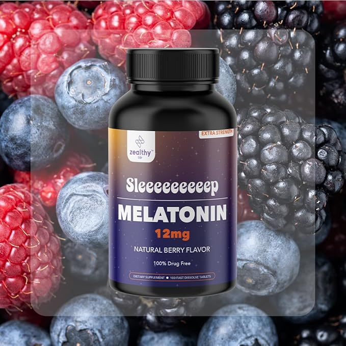 Melatonin 12mg Fast Dissolve Tablets – Natural Berry Flavor, 100 Count – Extra Strength Sleep Support for Adults – Non-Habit Forming, 100-Day Supply