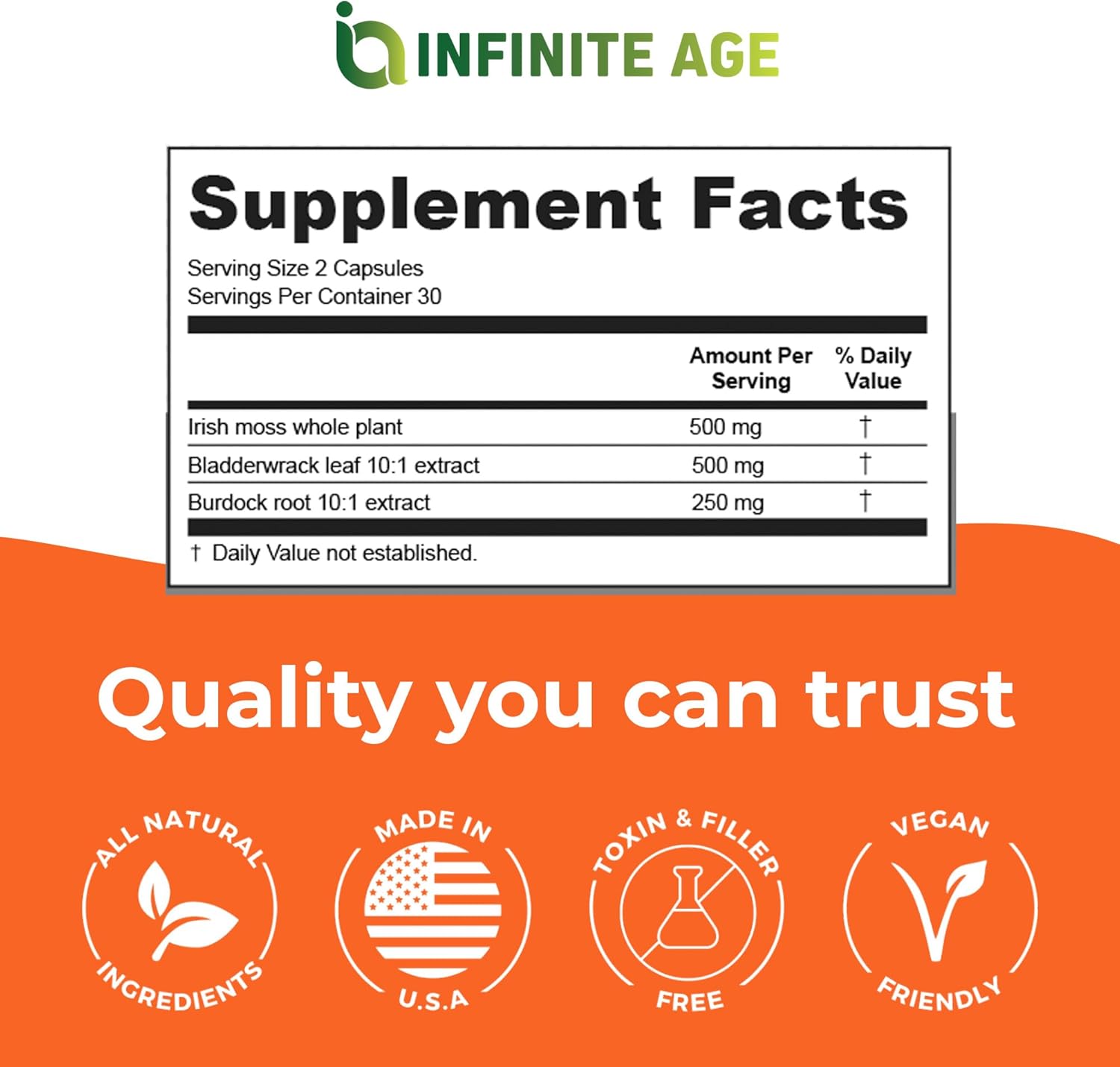 INFINITE AGE 1250mg Sea Moss Advanced Superfood Capsules, 60 Count - High-Potency, Vegan, Made in The USA - Irish Seamoss, Bladderwrack, Burdock Root - Overall Health, Immunity Support