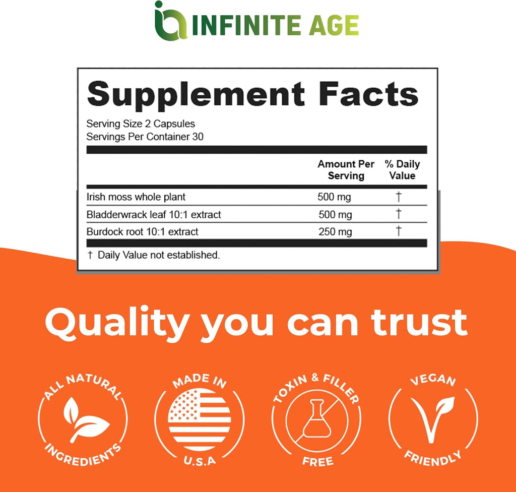 INFINITE AGE 2 Pack of 1250mg Sea Moss Advanced Superfood Capsules, 120 Count - High-Potency, Vegan, Made in The USA - Irish Seamoss, Bladderwrack, Burdock Root - Overall Health, Immunity Support