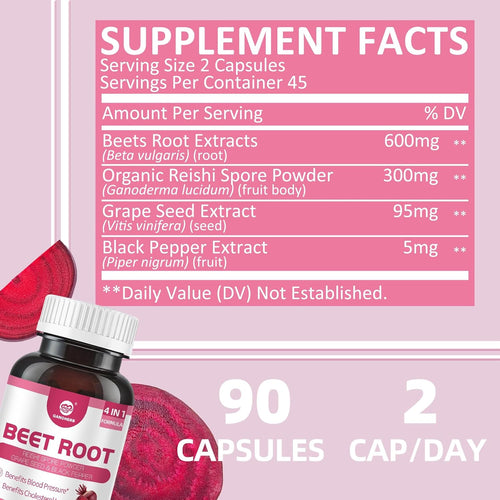 Beet Root Capsules 24000mg with Grape Seed Extract, Beetroot Supplement 4 in 1 with Reishi Mushroom, Black Pepper to Support Circulation, 90 Rapid Release Capsules