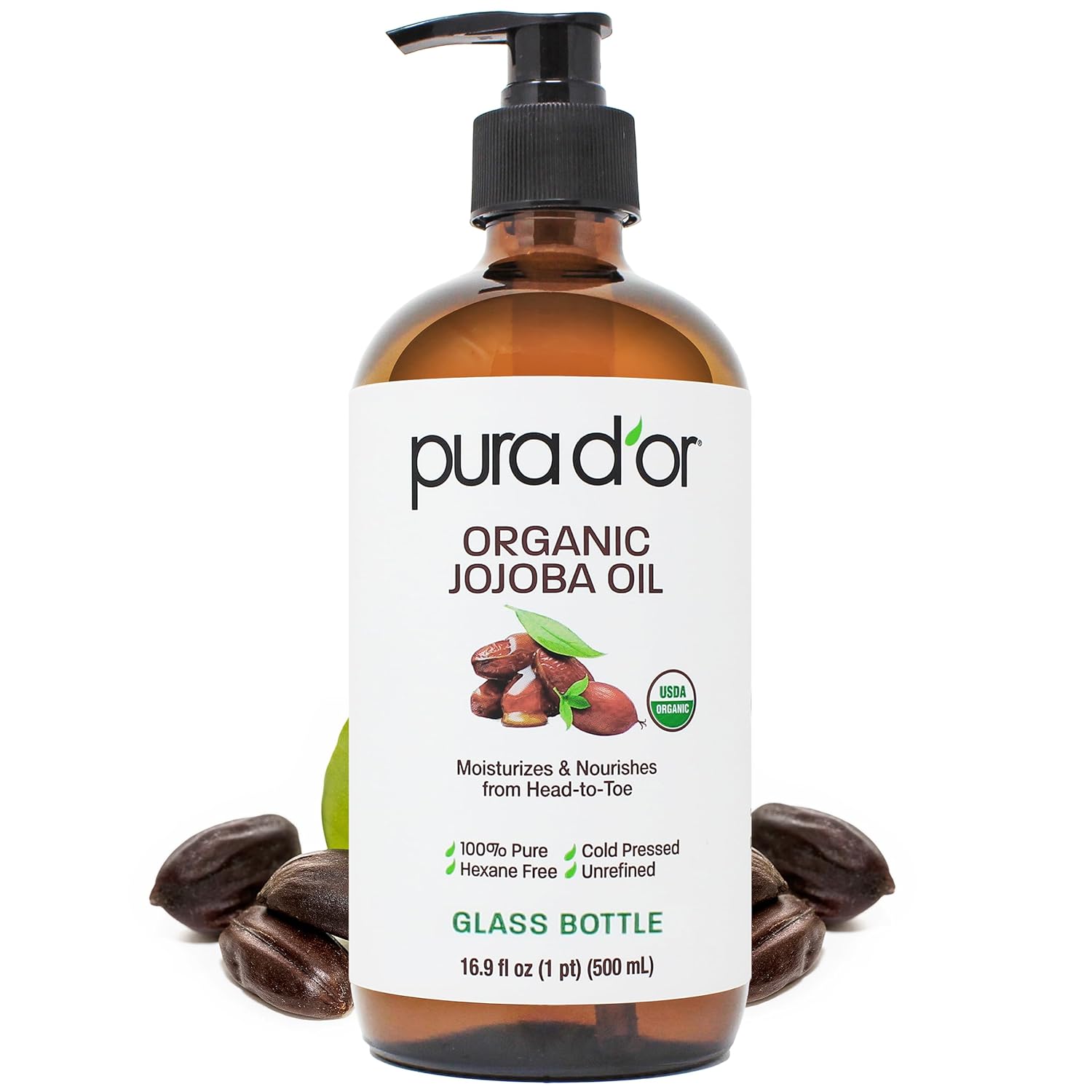 PURA D'OR 16.9 Oz Organic Jojoba Oil (GLASS BOTTLE) USDA Certified - 100% Pure & Natural Moisturizer - Cold Pressed, Unrefined, Hexane Free Base Carrier Oil For DIY Skin Care, Hair, Face & Nails