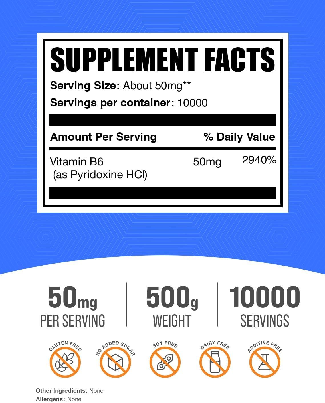 BulkSupplements.com Pyridoxine HCl Powder - Vitamin B6 Supplement, Vitamin Supplement - Gluten Free, 50mg of Pyridoxine B6 per Serving, 500g (1.1 lbs) (Pack of 1)