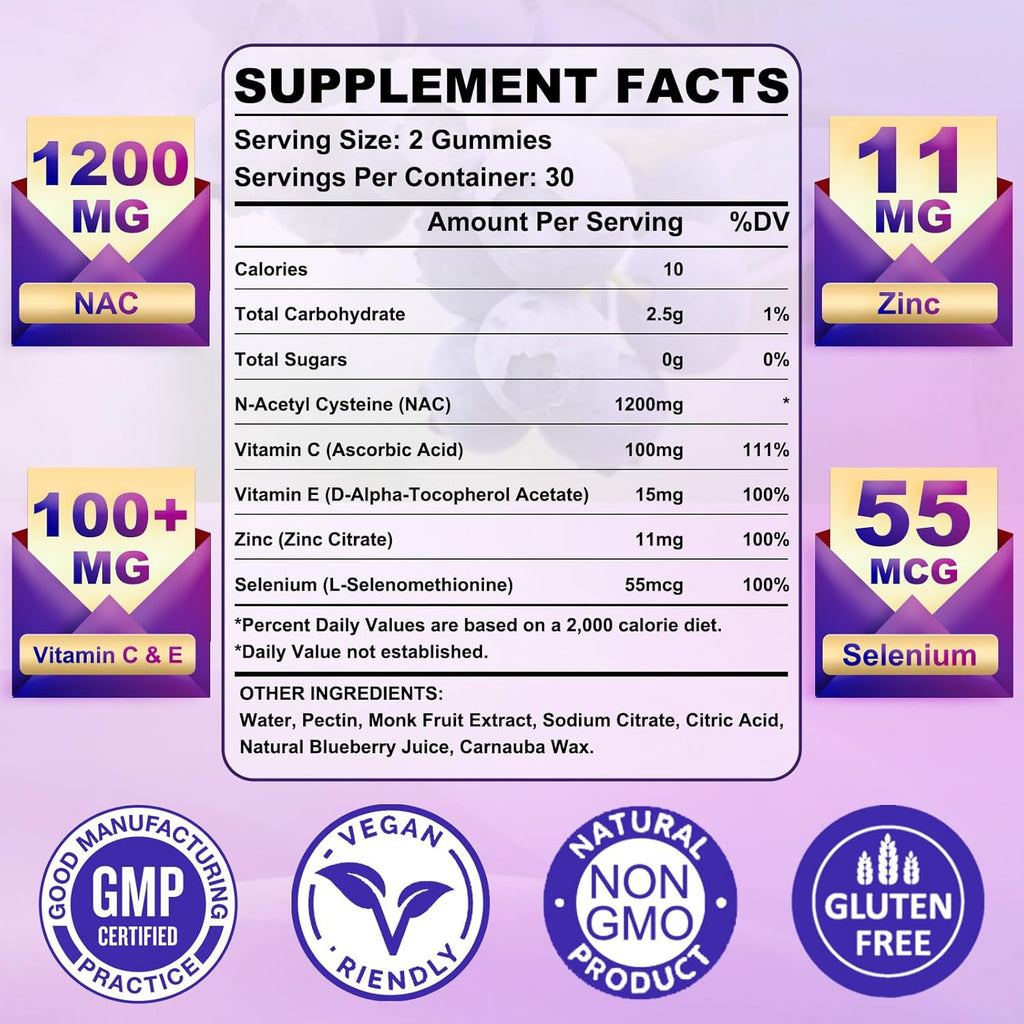 Sugar Free NAC Gummies for Kids & Adults, 1200mg NAC Supplement N Acetyl Cysteine with Selenium Zinc Vitamin C & E, NAC 600mg Per Gummy, Support Liver Health, Antioxidant, Immune System, 60 Count