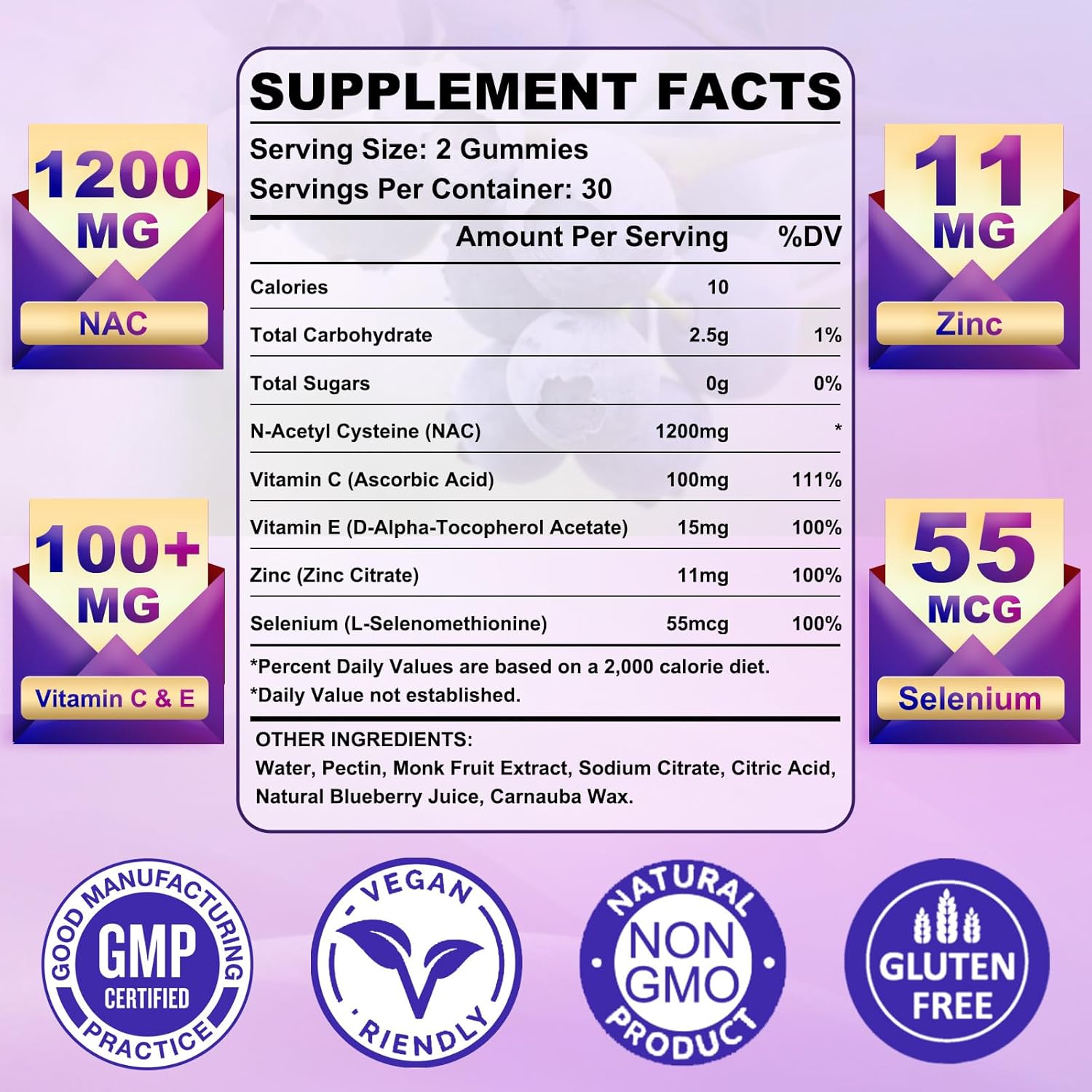 2 Pack N-Acetyl Cysteine Gummies for Kids & Adults, 1200mg N-Acetyl Cysteine Supplement with Selenium Zinc Vitamin C & E for Liver Health, Antioxidant, Immune System, 120 Count, Sugar Free