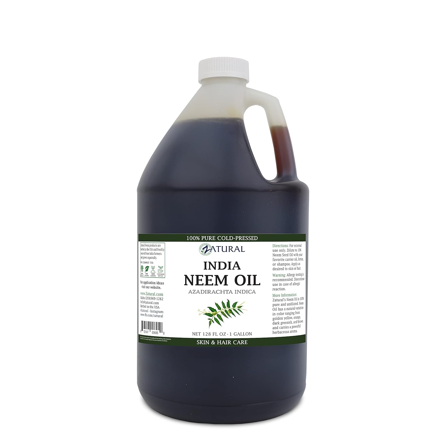 Zatural 100% Pure Neem Oil - Undiluted Cold-Pressed, Uses for Hair, Skin, and Nails, 128 oz
