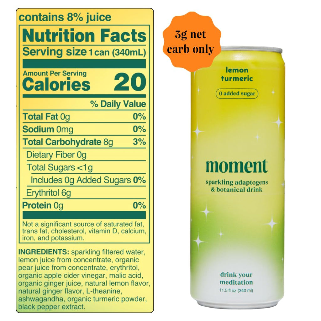 Moment Botanical Soda Soft Drink (Shark Tank) - SPARKLING Non Alcoholic Drinks | Lemon Turmeric | | L-Theanine & Ashwagandha for Calm & Clarity | 0 Added Sugar 0 Caffeine | 12-pack