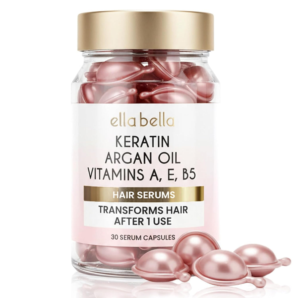 ELLA BELLA® Keratin Hair Serum with Argan Oil & Vitamins A, E, B5 – Anti-Frizz Hair Treatment & Night Repair – Hair Vitamins for Women for Smooth, Shiny, Frizz-Free Hair