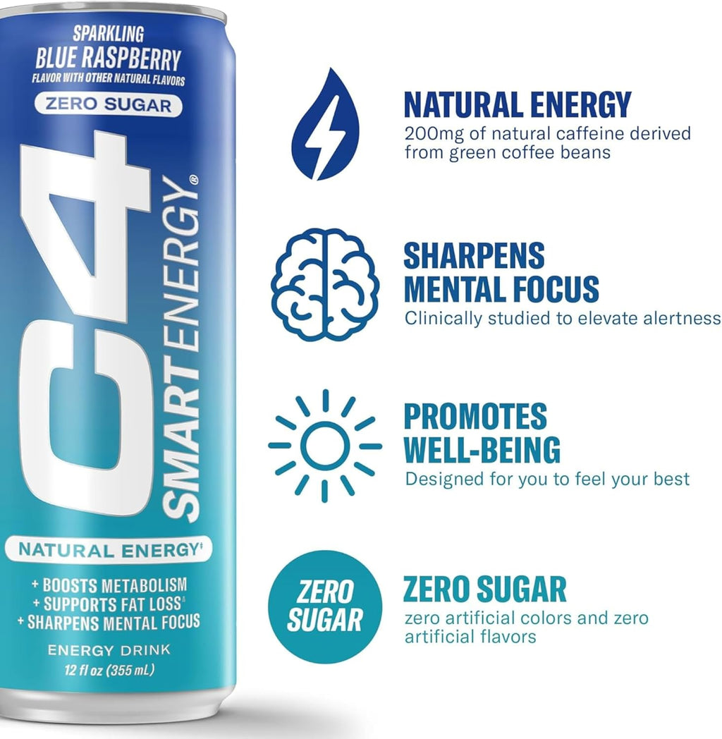 Cellucor C4 Smart Energy Drink ‚ Boost Focus and Energy with Zero Sugar, Natural Energy, and Nootropics - 200mg Caffeine - Blue Raspberry (12oz Pack of 12)