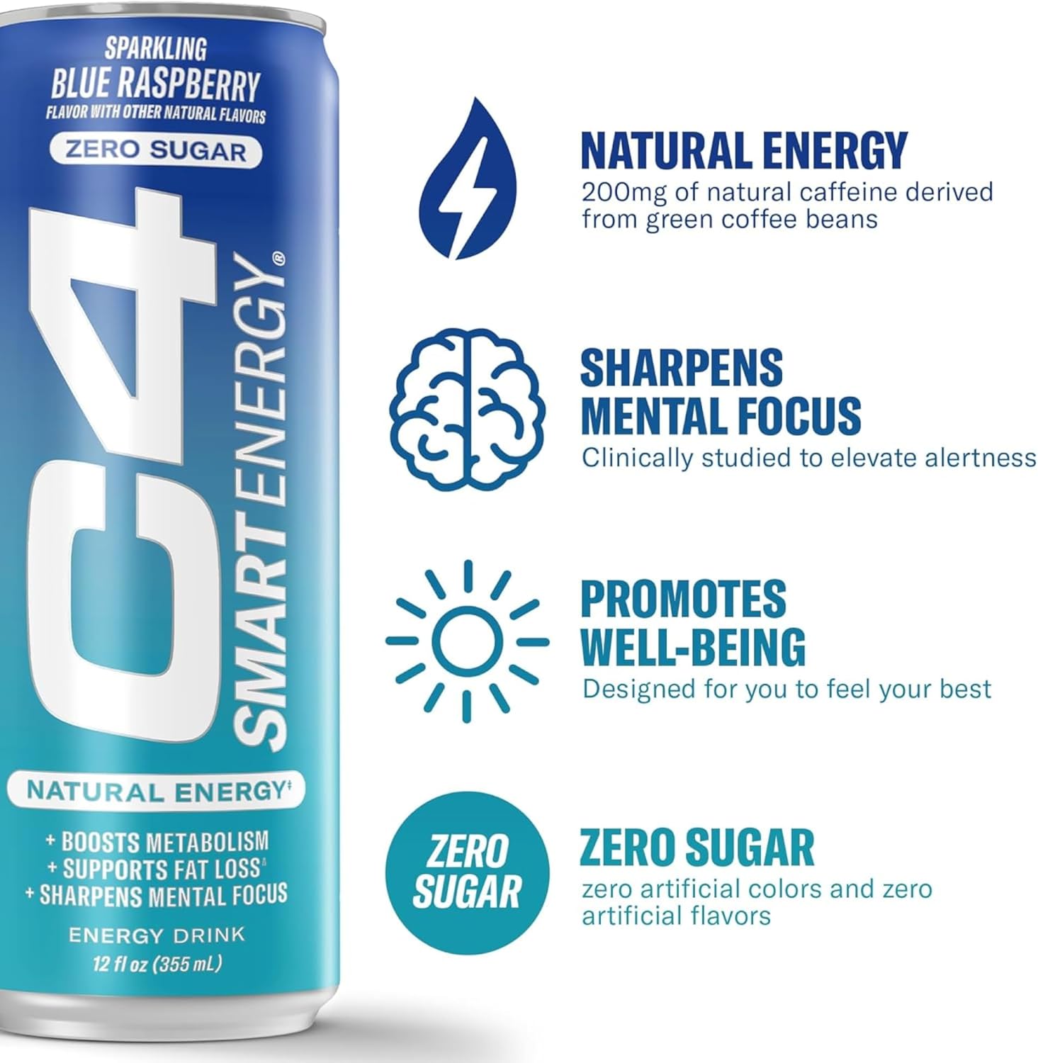 Cellucor C4 Smart Energy Drink ‚ Boost Focus and Energy with Zero Sugar, Natural Energy, and Nootropics - 200mg Caffeine - Blue Raspberry (12oz Pack of 12)
