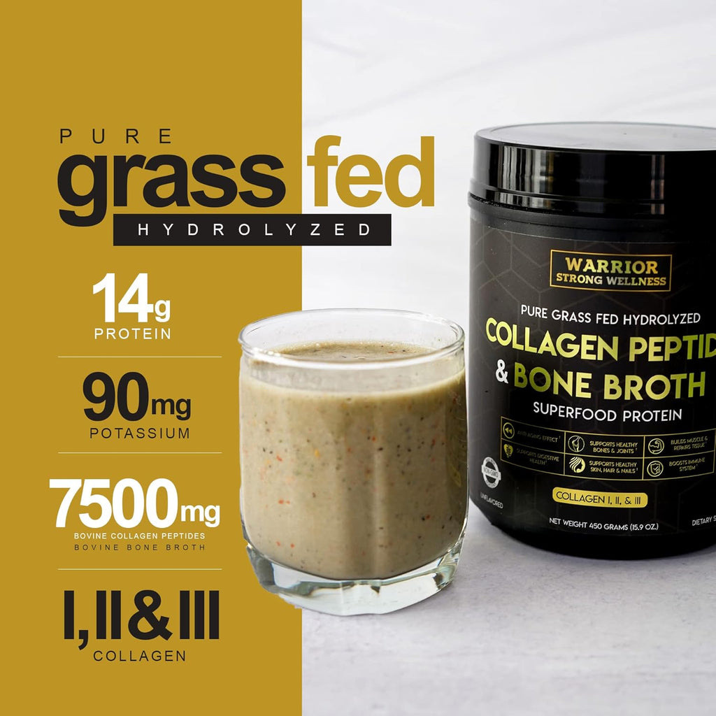 Premium Collagen Peptides Bone Broth Powder: Grass Fed Hydrolyzed Collagen Boost for Healthy Skin, Nails, Hair, Joints, Muscles, Bones, Digestion, Keto Friendly, Unflavored