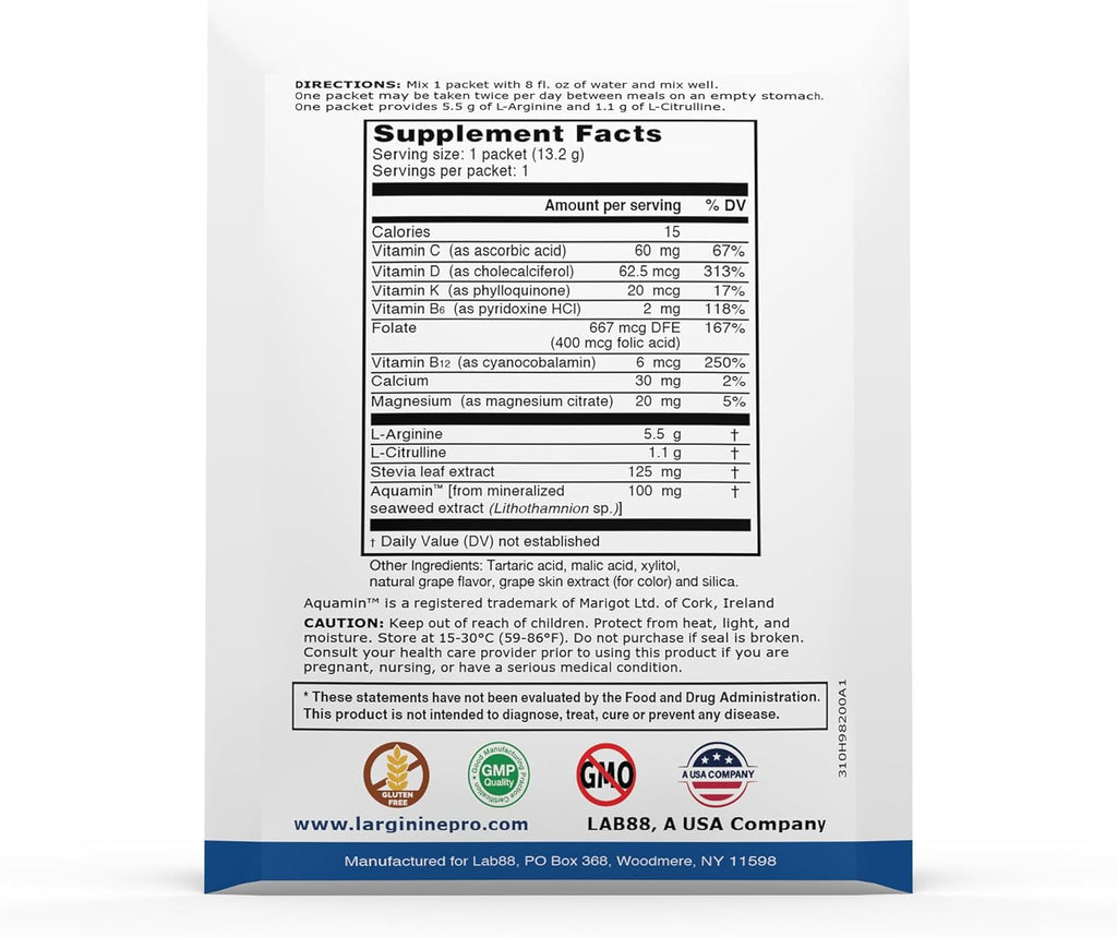 L-ARGININE PRO Supplement Powder | 30 Packets Single Serve Travel Size | 5,500mg of L-arginine Plus 1,100mg L-Citrulline, Grape