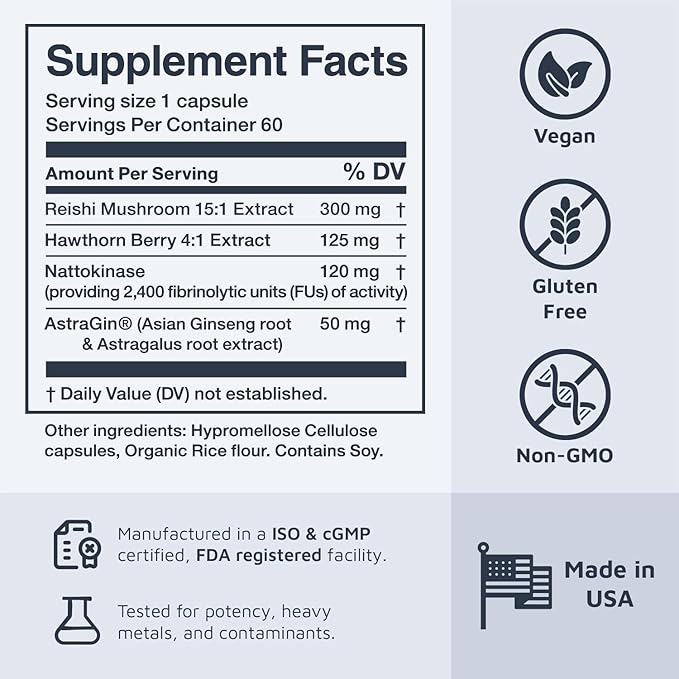 Melody Heart Tune 4-in-1 Blood Pressure Support Supplements – 2 Month Supply – 2,400 FU Nattokinase, Reishi Mushroom & Hawthorn – Dr. Formulated for Vascular Circulation & Flow – 60 Vegan Capsules