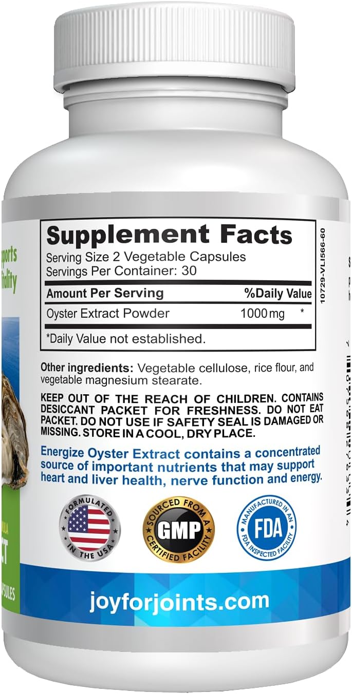 Energize Oyster Extract Supplement for Men & Women - Zinc, Taurine, Amino Acids - Supports Energy and Wellsness, Manufactured in USA, 500 mg, 60 Vegetable Capsules.