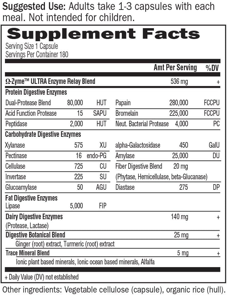 Garden of Life 21 Powerful Digestive Enzymes with Papain, Bromelain, Lipase, Ginger, Turmeric for Complete Digestion of Protein, Carbs & Fats – Omega-Zyme Ultra, Gluten-Free, Vegetarian, 180 Capsules