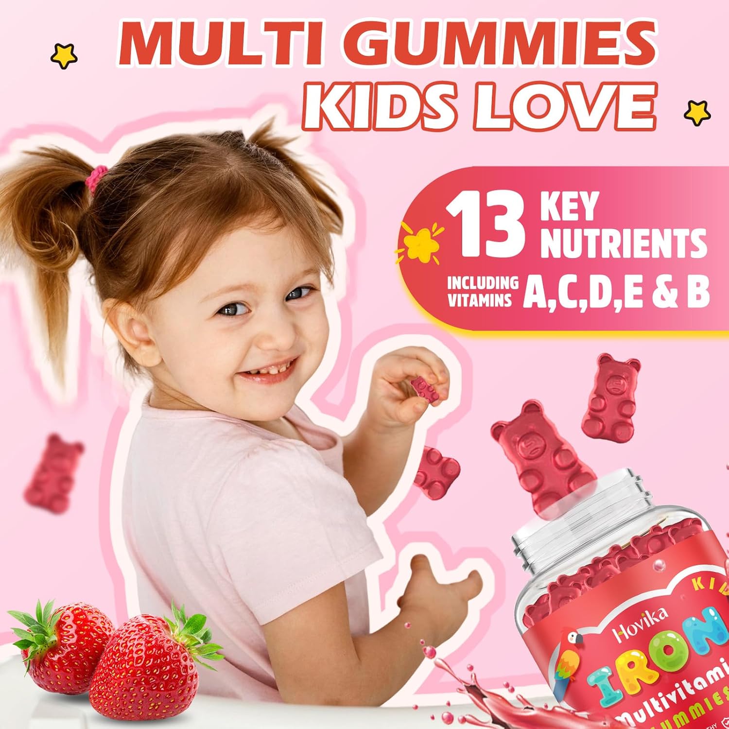 Iron Supplement Gummies for Kids with Multivitamin, Calcium, Zinc, Folate - Kids Iron Gummies Support Immune, Blood Builder, Iron Deficiency, Anemia & Energy - Vegan, Strawberry 60 Count