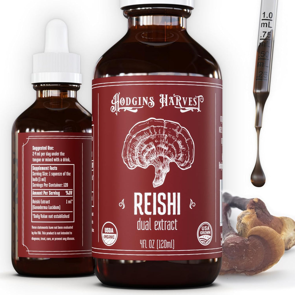 Hodgins Harvest Organic Reishi Tincture | Made with Mushrooms Grown On Our Farm in The USA | Dual Extract | Extra-Concentrated (4 fl oz)