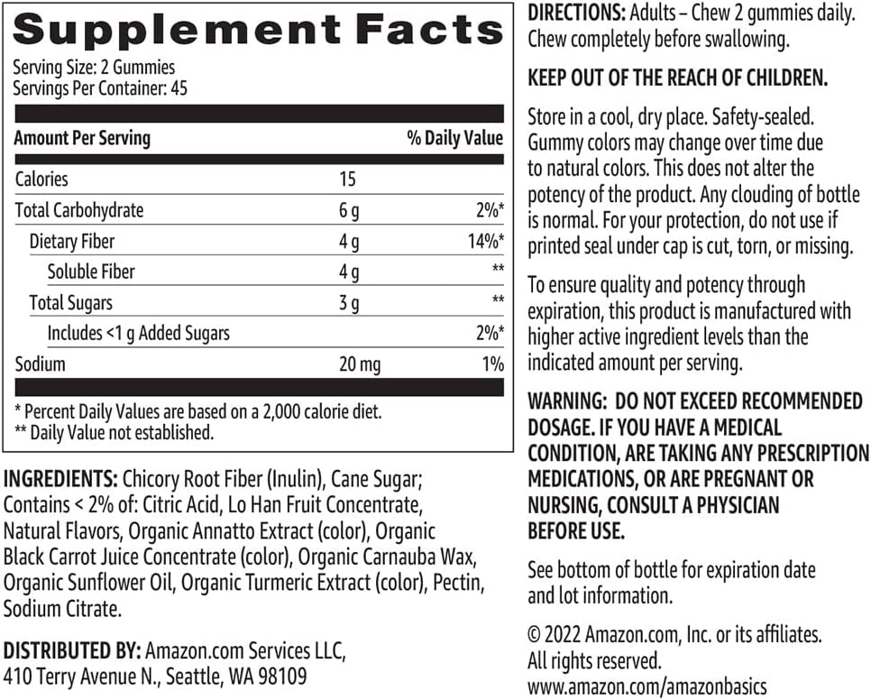 Amazon Basics (previously Solimo Fiber 4g Gummy - Digestive Health, Supports Regularity, Orange, Lemon & Strawberry, 90 Gummies (2 per Serving) (Pack of 2)