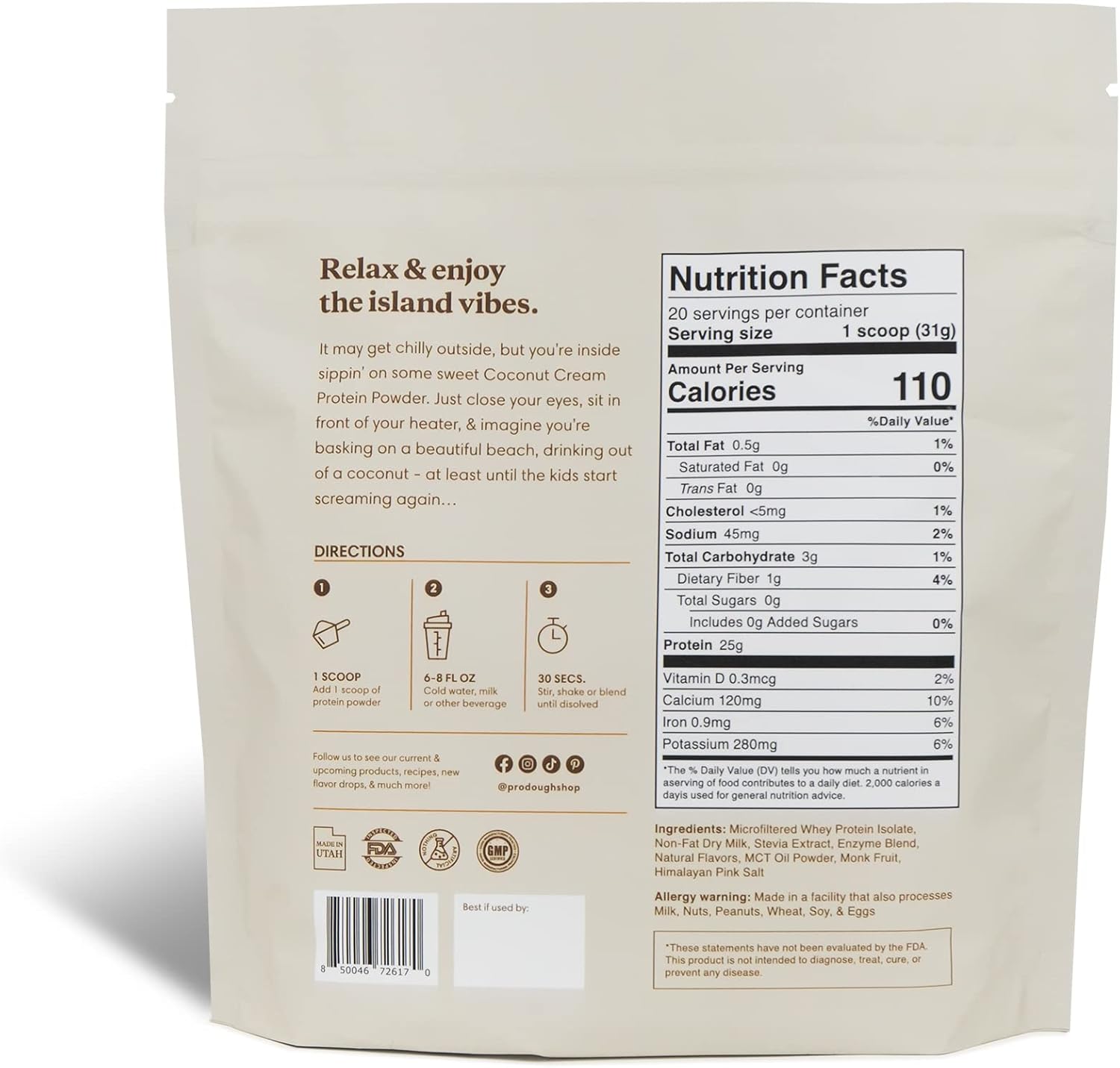 ProDough Gourmet Whey Isolate Hydrolized Protein Powder for Shake Mix- Easy Digest Enzyme Blend, 25g Protein per Serving, Natural Ingredients, Gluten Free, Keto Friendly (Coconut Cream)