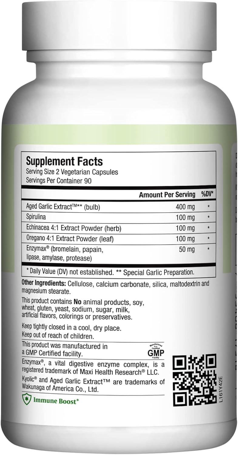 Maxi Health - Maxi Biotic Aged Garlic Extract Capsules (180 Count) | Kyolic Garlic Supplement with Spirulina, Echinacea, Oregano and Enzymax - Natural Antioxidant - Wellness Support