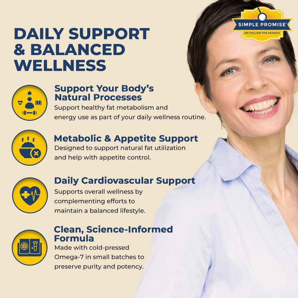 Simple Promise Ultra Omega Burn - Omega-7 Supplement with Pure Palmitoleic Acid - Fish Oil for Metabolism, Weight Support & Cardiovascular Health - Healthy Heart Support for Men & Women | 30 Softgels