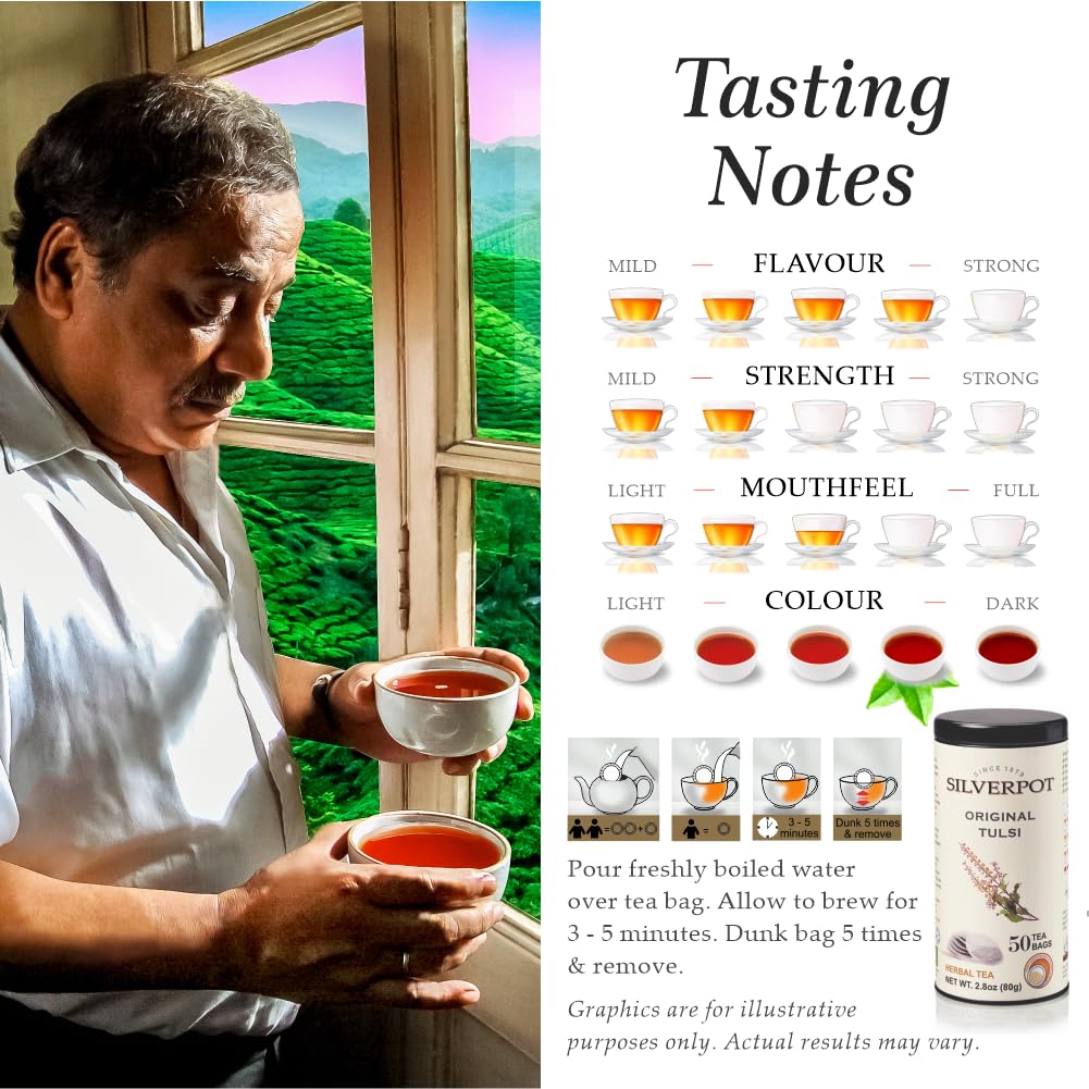 Silverpot Original Tulsi Tea - 50 Round Tea Bags | 100% Natural Holy Basil | Caffeine Free | Farm Direct | Reusable Tin