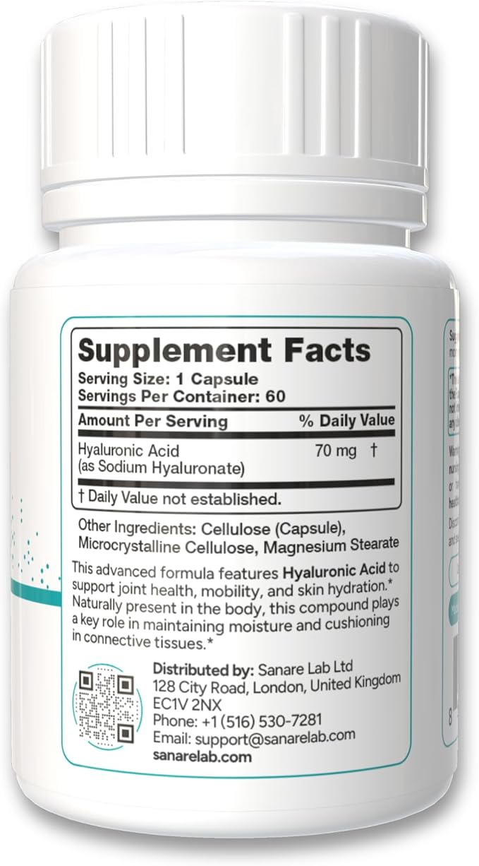 Hyaluronic Acid 70mg – 60 Vegan Capsules | Supports Joint Mobility, Skin Hydration & Tissue Cushioning | Non-GMO, Gluten-Free