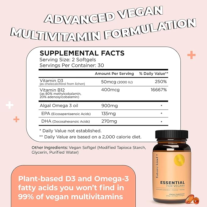 Future Kind 3 in 1 Daily Multivitamin - for Energy, Clarity, Active Wellness Support with B12, D3, and Algal Omega-3 - Essential Vegan Multivitamin for Women & Men - Tiny Citrus Softgels (60 Count)
