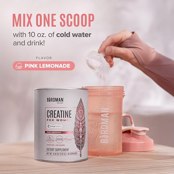 BIRDMAN Creatine for Women | Creatine Monohydrate Powder with Myo & D-Chiro Inositol, Hyaluronic Acid, Zinc, Electrolytes and Vitamins | Sugar Free, Pink Lemonade | 30 Servings