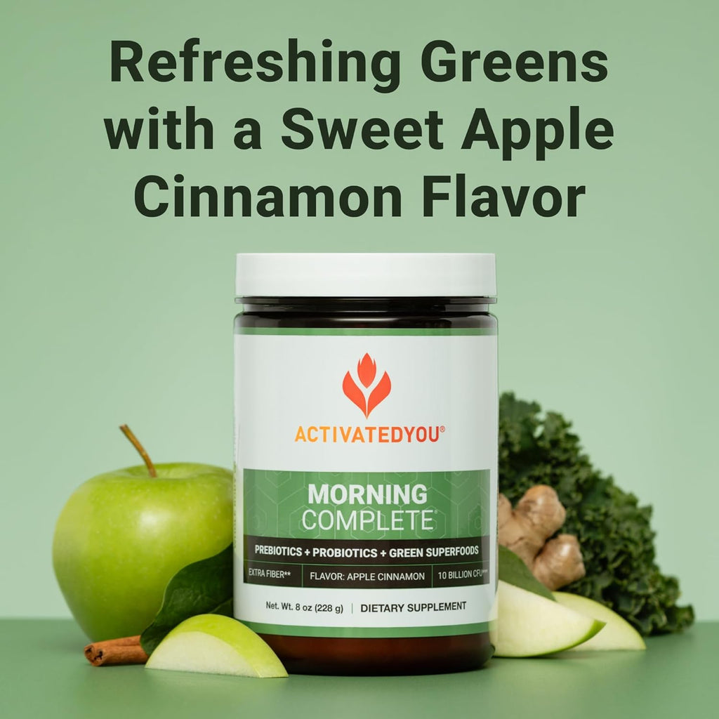ACTIVATEDYOU Morning Complete Daily Wellness Greens Superfood Drink Mix for Gut Health w/Prebiotics, Probiotics, Antioxidants, Green Superfoods, 10 Billion CFUs (3 Pack, Apple Cinnamon)