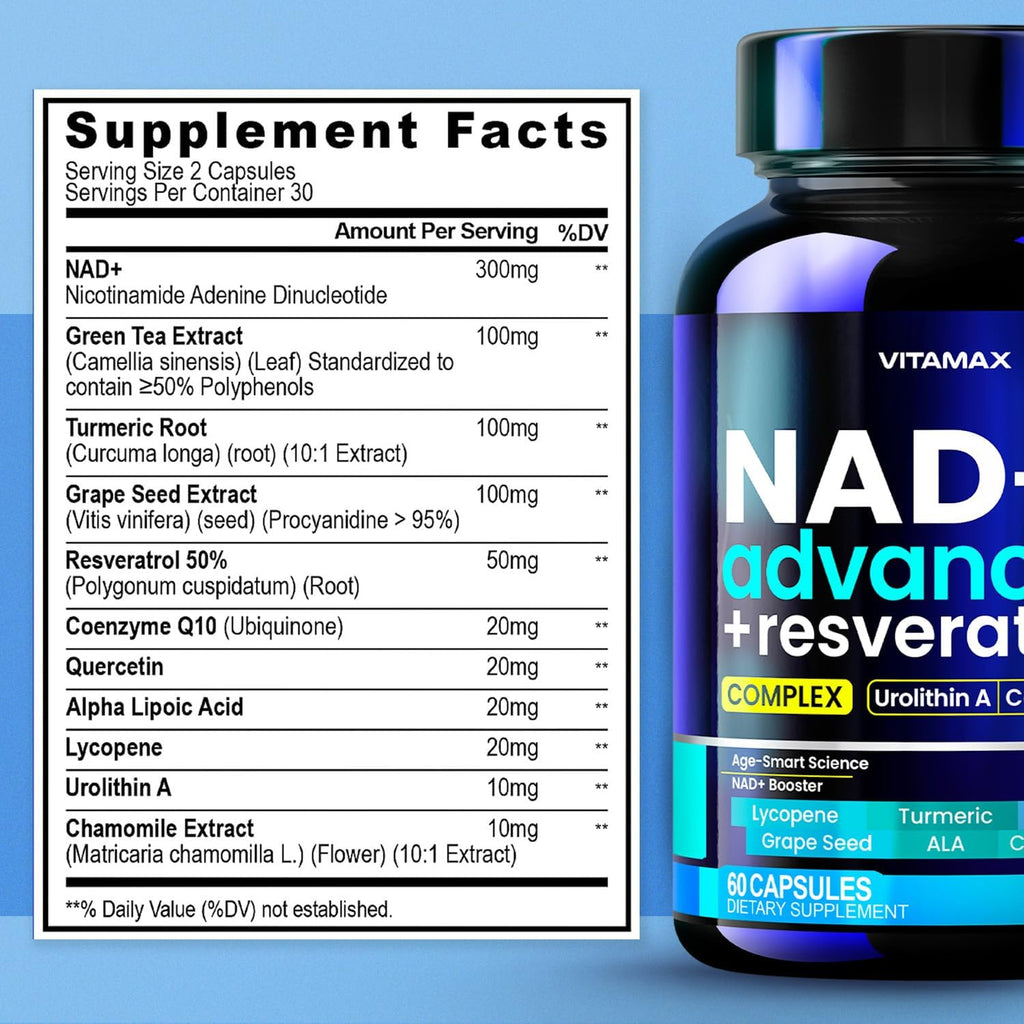 NAD+ Supplement Extra Strength - Liposomal + Resveratrol for Women & Men, CoQ10, Alpha Lipoic Acid, Green Tea, Quercetin, Urolithin A, Lycopene – High Purity Anti-Aging, Energy & Regeneration – 60ct