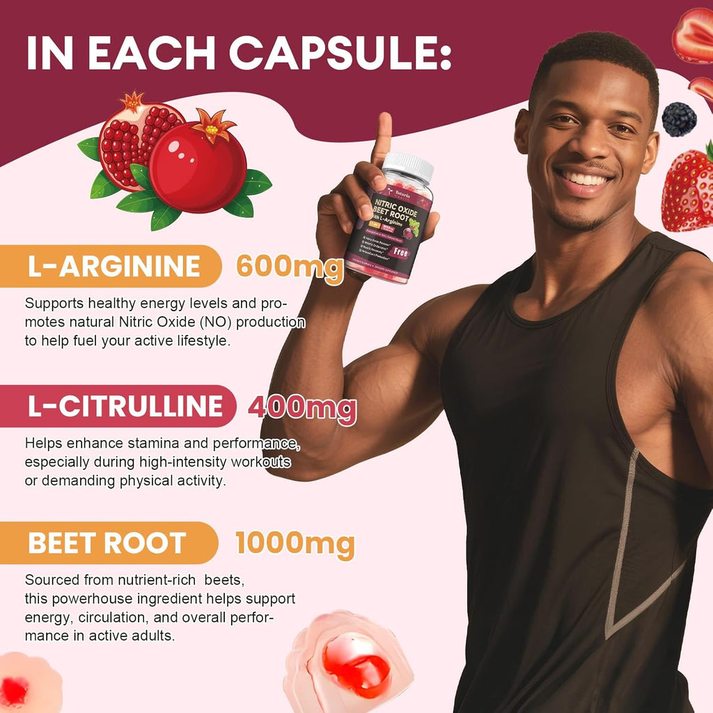 Nitric Oixde Booster Beet Root Gummies with L-Arginine, L-Citrulline for Man & Woman Pre Workout - Comprehensive Nitric Oxide Supplements for Men & Woman, Vegan, NON-GMO, Sugar Free, 60 Counts