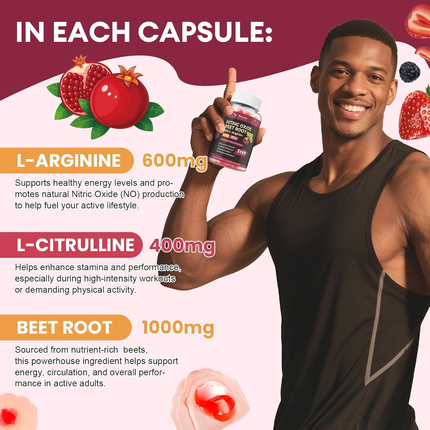 Nitric Oixde Booster Beet Root Gummies with L-Arginine, L-Citrulline for Man & Woman Pre Workout - Comprehensive Nitric Oxide Supplements for Men & Woman, Vegan, NON-GMO, Sugar Free, 60 Counts
