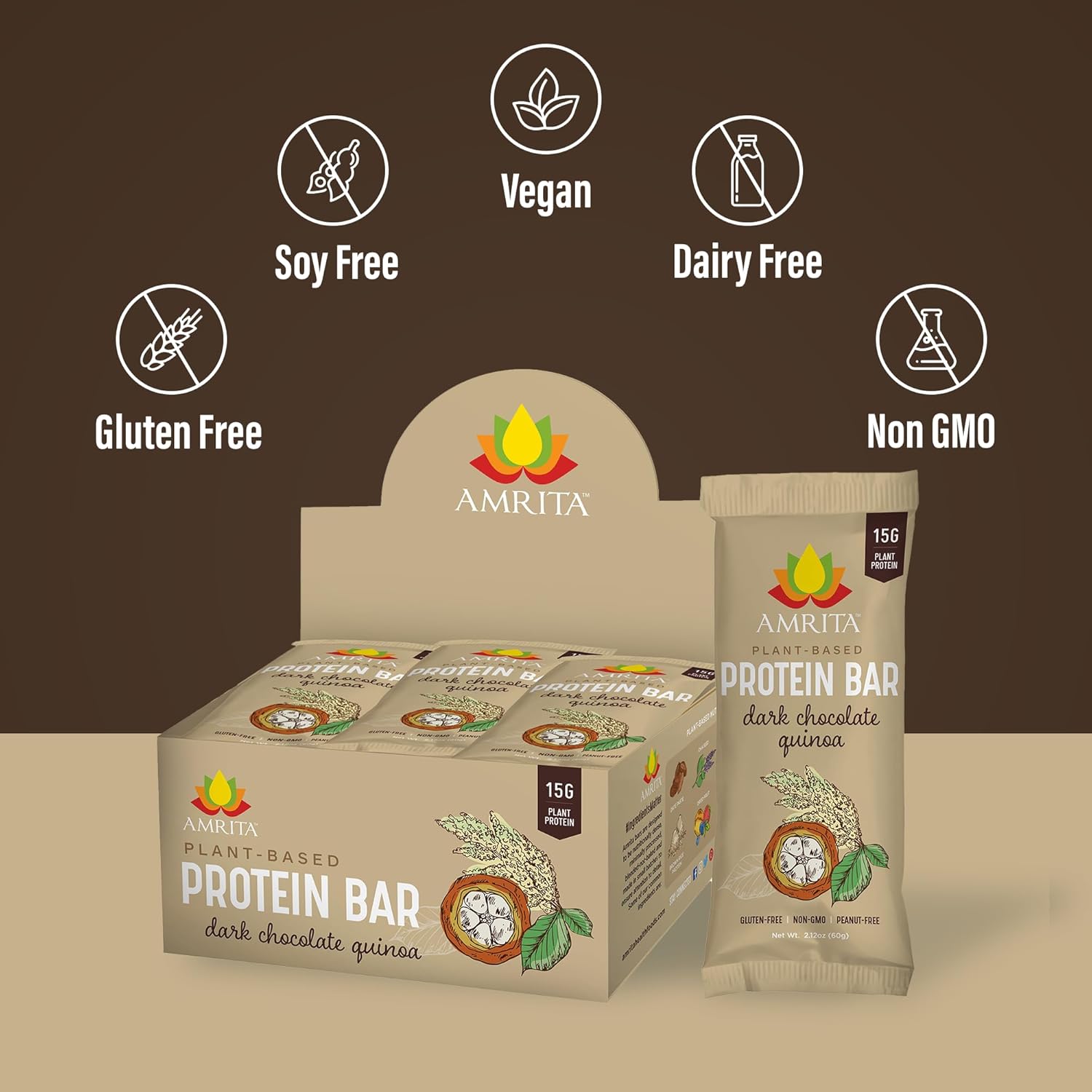 Amrita Nut Free Dark Chocolate Quinoa Vegan Protein Bars (12 CT PK of 3) | 12g Plant-Based Protein Bar | Peanut Free, Gluten Free, and Dairy Free | Low Sugar, High Fiber, Healthy School-Safe Snacks