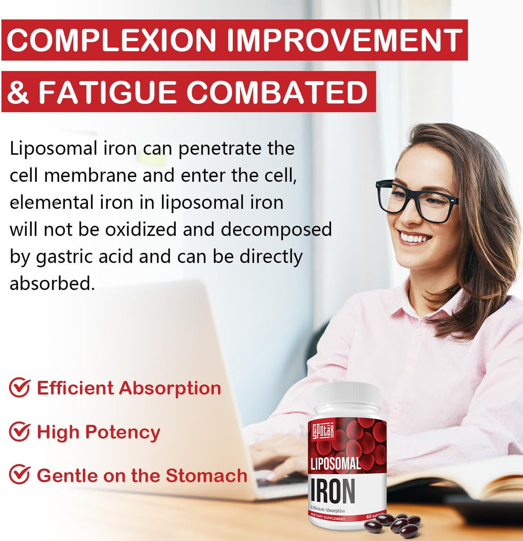Liposomal Fe Iron Supplement for Women, 65 mg Iron Supplement with Folic Acid & Vitamin B12 for Men, Daily Blood & Energy Support for Adults Iron Deficiency 60 Softgels (2 Bottle)