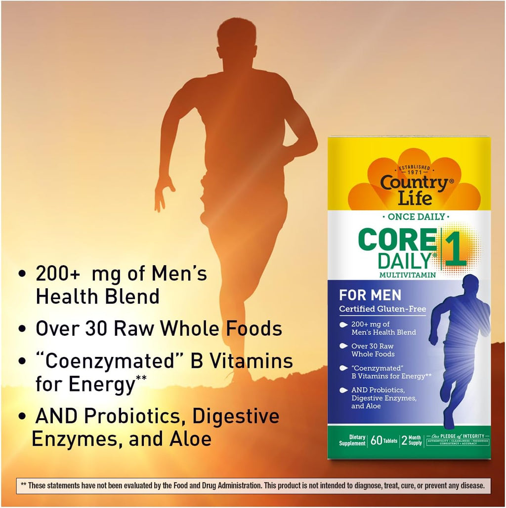 Country Life Core Daily-1 for Men - Multivitamin with Probiotics, Saw Palmetto, Pumpkin Seed Extract, and Coenzymated B Vitamins - Gluten-Free and Vegetarian - 60 Tablets