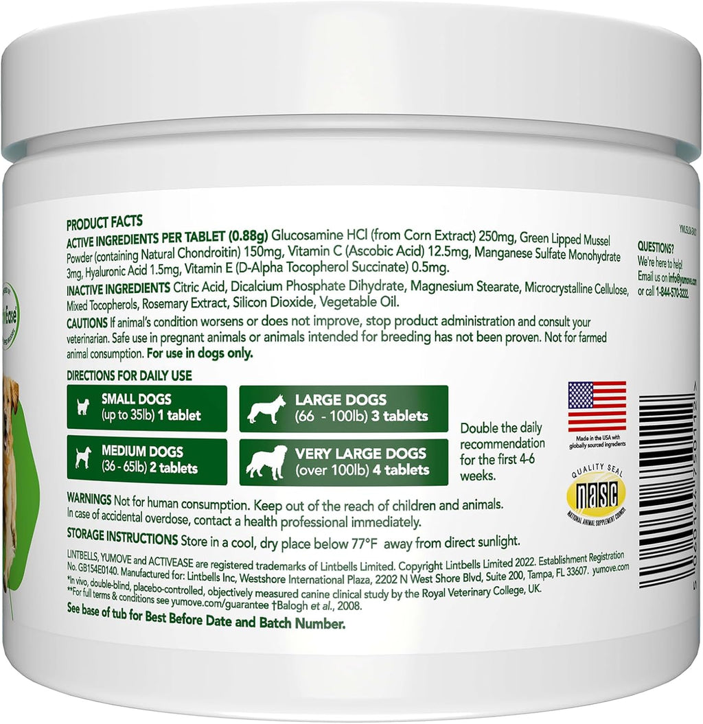 Yumove Hip & Joint Supplement for Dogs with Glucosamine, Hyaluronic Acid, Green Lipped Mussel & Omega 3 Joint Supplement - Regular and Advanced Strength (300ct, Chewable Tablets)