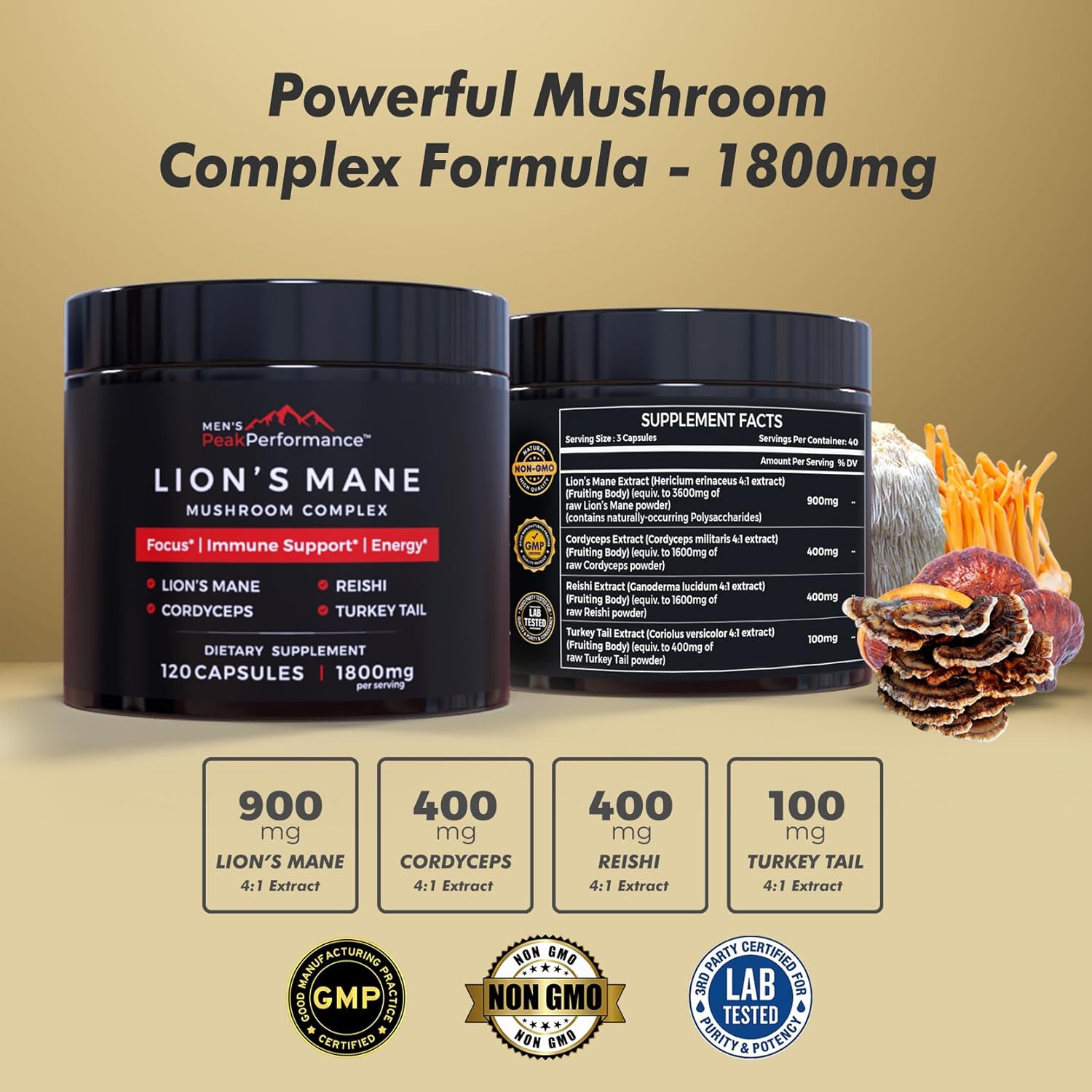 MEN'S PeakPerformance Lion's Mane Mushroom Supplement Capsules with Reishi, Cordyceps, Turkey Tail – Brain Nootropic for Memory, Focus, Natural Energy, & Immune Support Supplement (120 Capsules)