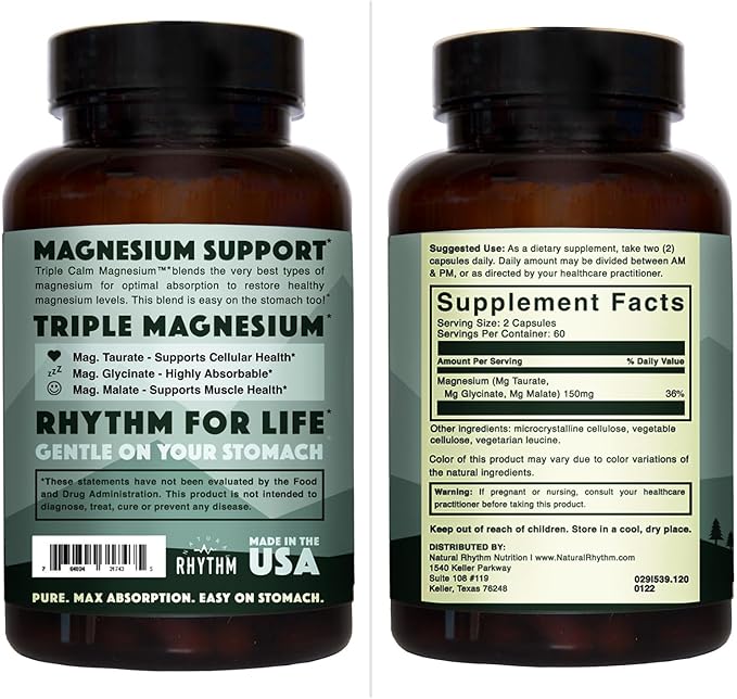 Natural Rhythm Triple Calm Magnesium 150 mg – 120 Capsules – Magnesium Complex Compound Supplement with Glycinate, Malate, and Taurate to Support Muscle, Nerve, and Cardiovascular Health
