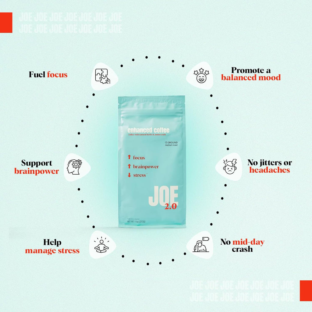 Joe 2.0 - Mushroom Coffee with Lion’s Mane & Ashwagandha – Nootropic Ground Coffee for Focus, Calm Energy & Clarity – Joe 2.0 Medium Roast – 20 Servings (11 oz)