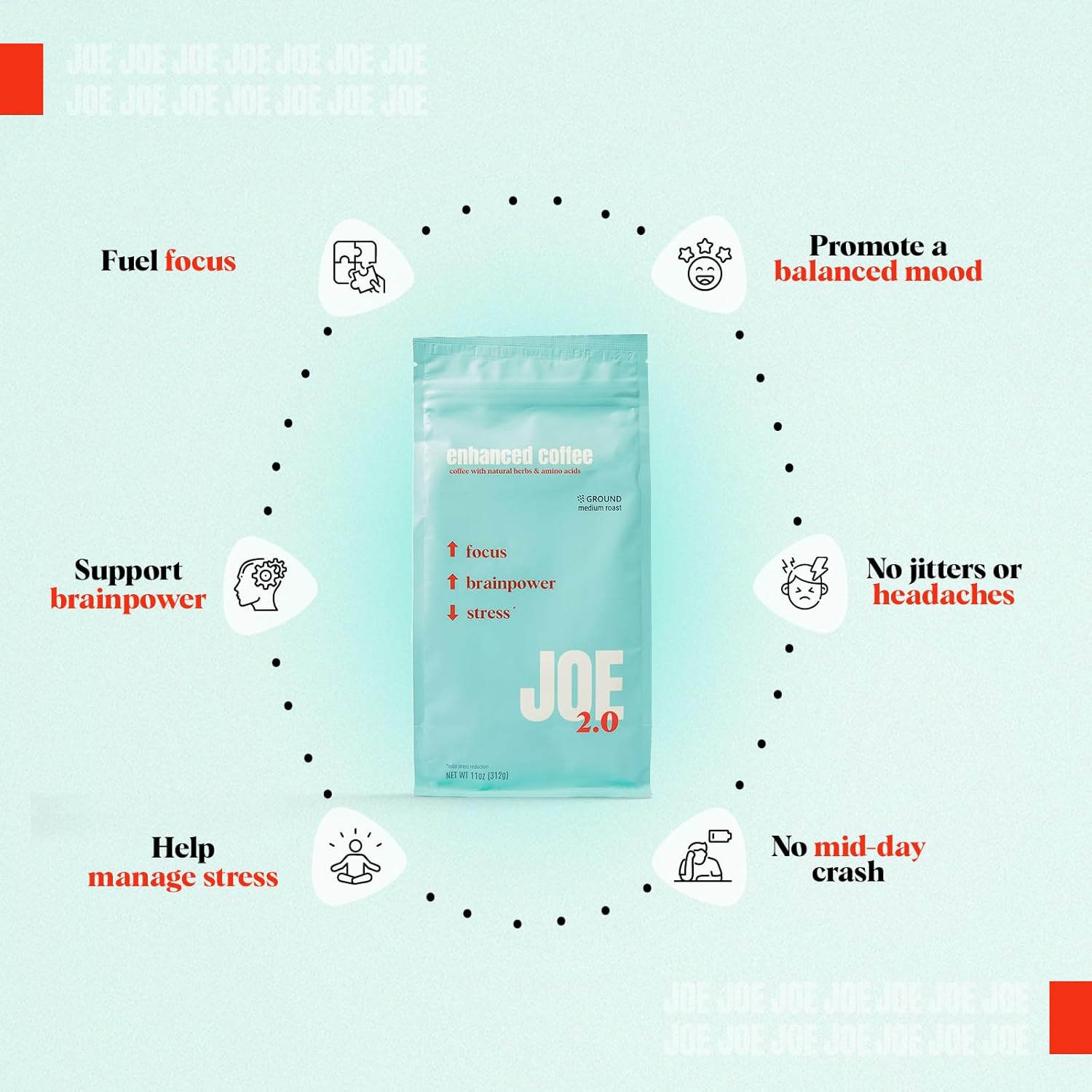 Joe 2.0 - Mushroom Coffee with Lion’s Mane & Ashwagandha – Nootropic Ground Coffee for Focus, Calm Energy & Clarity – Joe 2.0 Medium Roast – 20 Servings (11 oz)