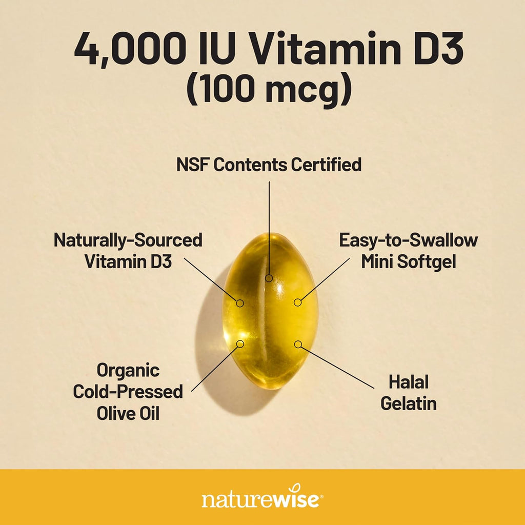 NatureWise Vitamin D3 4000iu (100 mcg) 1-Year Supply for Immune Support, Healthy Muscle Function, and Bone Health - Non-GMO, Gluten-Free in Organic Extra Virgin Olive Oil, (Mini Softgel), 360 Count