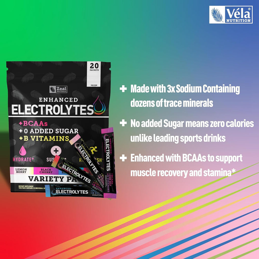 Zeal Naturals Enhanced Electrolyte Powder Stick Packs (Variety Pack - 20 Packets) Sugar Free + BCAA B-Vitamins & Pink Himalayan Salt - Keto Electrolytes, Hydration Powder