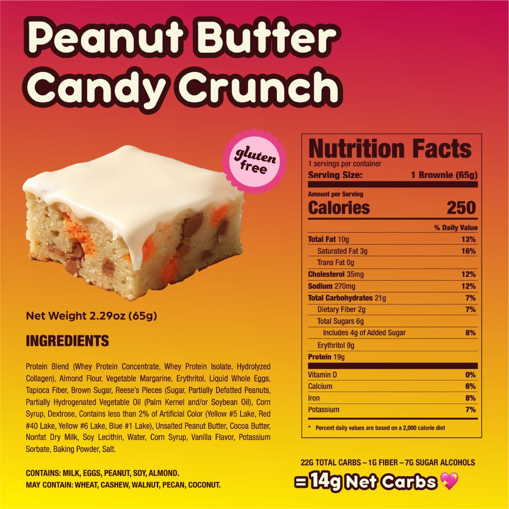 Prime Bites Protein Brownie from Alpha Prime Supplements | High Protein, Collagen Fortified Low Sugar Treat | Delicious Snack | 12 Bars per Box (Peanut Butter Candy Crunch)