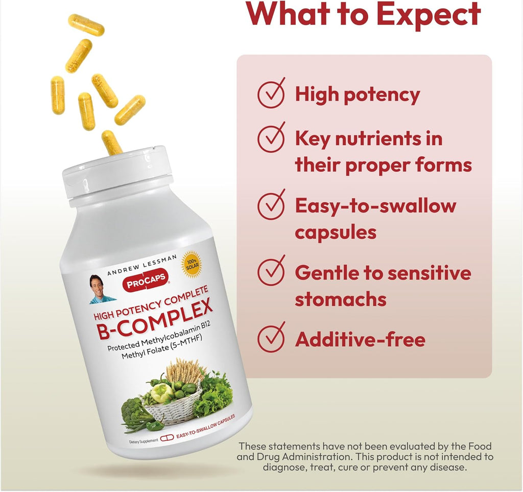 ANDREW LESSMAN High Potency B-Complex 60 Capsules - with High Levels of Folate Complex and Biotin, Promotes Cellular Growth, Energy, Immune Function, Detoxification, Fat Metabolism and More