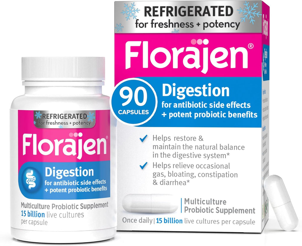 Florajen Digestion Probiotic - Gut Health Supplement for Bloating, Constipation, & Digestive Relief - 15 Billion Live Cultures - Multi-Strain Formula - Refrigerated for Freshness - 90-Count