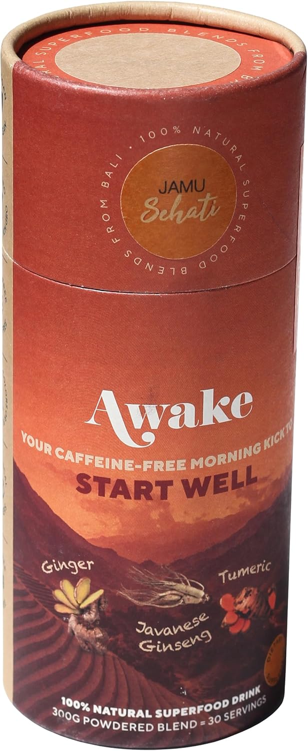 JAMUSEHATI Awake, Caffeine-Free Morning Kick, Natural Superfoods Blend from Bali, Containing Ginger, Turmeric and Javanese Ginseng, Cylinder (300g)