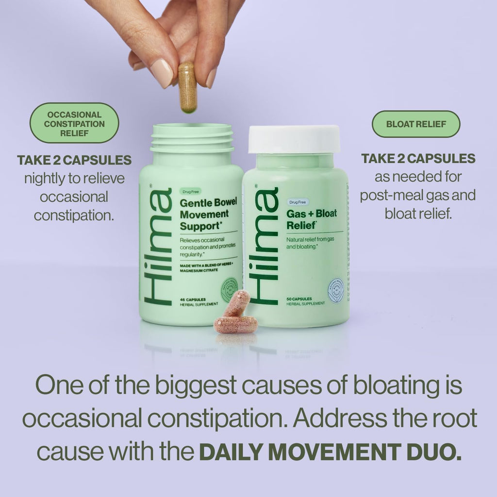 Hilma Daily Movement Duo for Constipation & Bloating Relief for Women, Gas Plus Bloat Relief (50 Vegan Capsules) w/Lemon & Peppermint, Gentle Bowel Movement (46 Vegan Capsules) w/Magnesium & Ginger