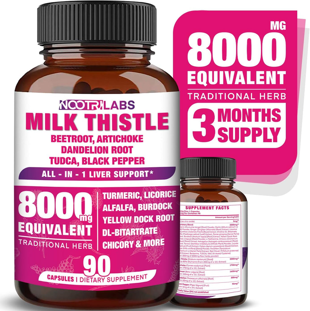 All-in-1 8000mg Highest Potency Milk Thistle NAC BeetRoot Artichoke Dandelion Root - Liver Health Support, Cleanse Detox & Repair, Antioxidant, Plus TUDCA Choline and Ginger - 90 Vegan Capsules