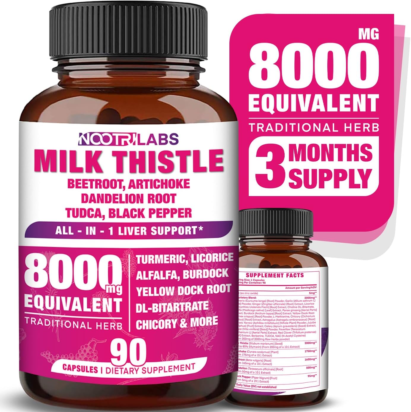 All-in-1 8000mg Highest Potency Milk Thistle NAC BeetRoot Artichoke Dandelion Root - Liver Health Support, Cleanse Detox & Repair, Antioxidant, Plus TUDCA Choline and Ginger - 90 Vegan Capsules